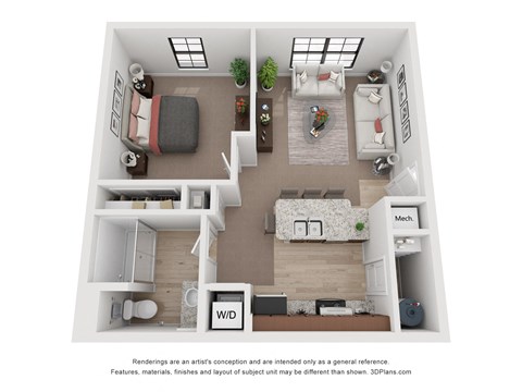 a 1 bedroom floorplan is shown in this rendering